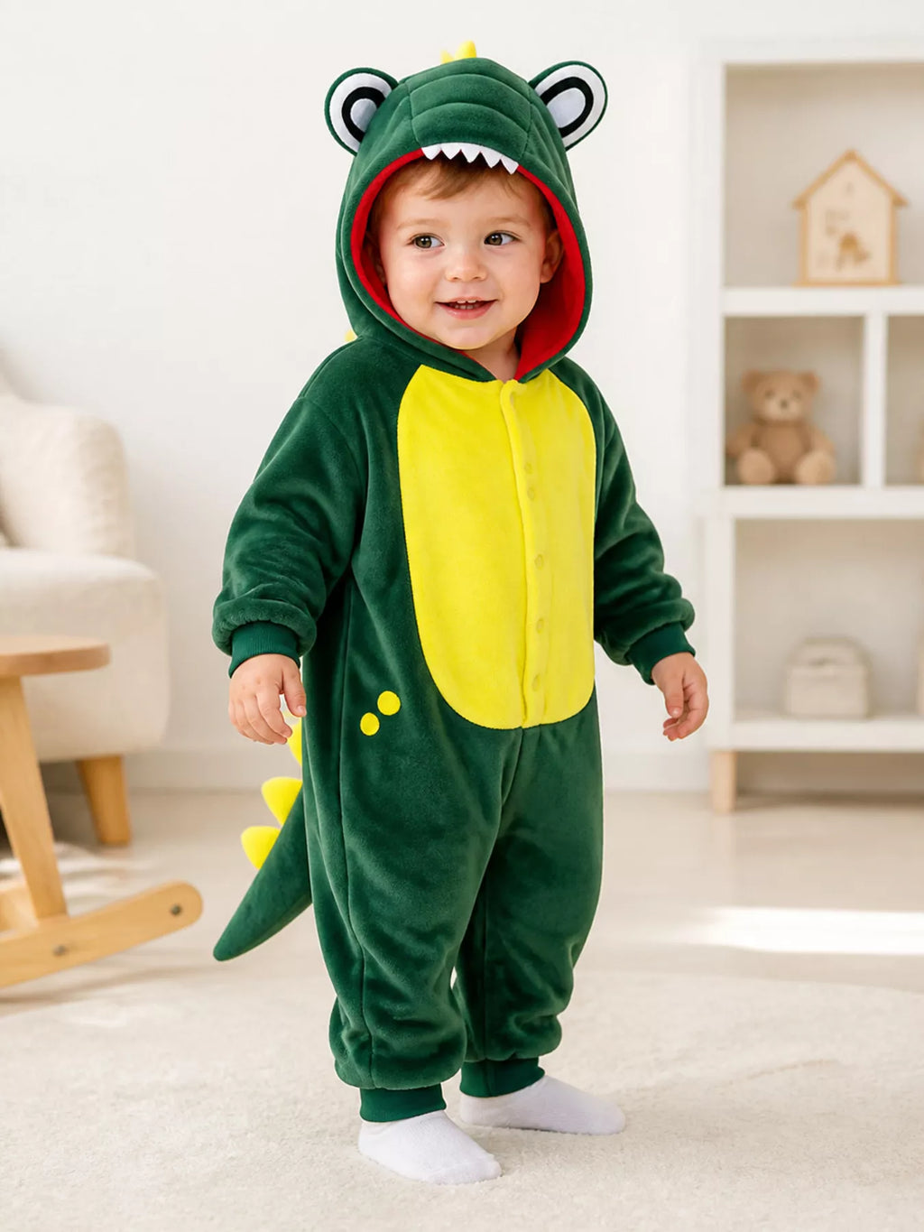 Children's Dinosaur Hooded Fleece One-Piece Jumpsuit
