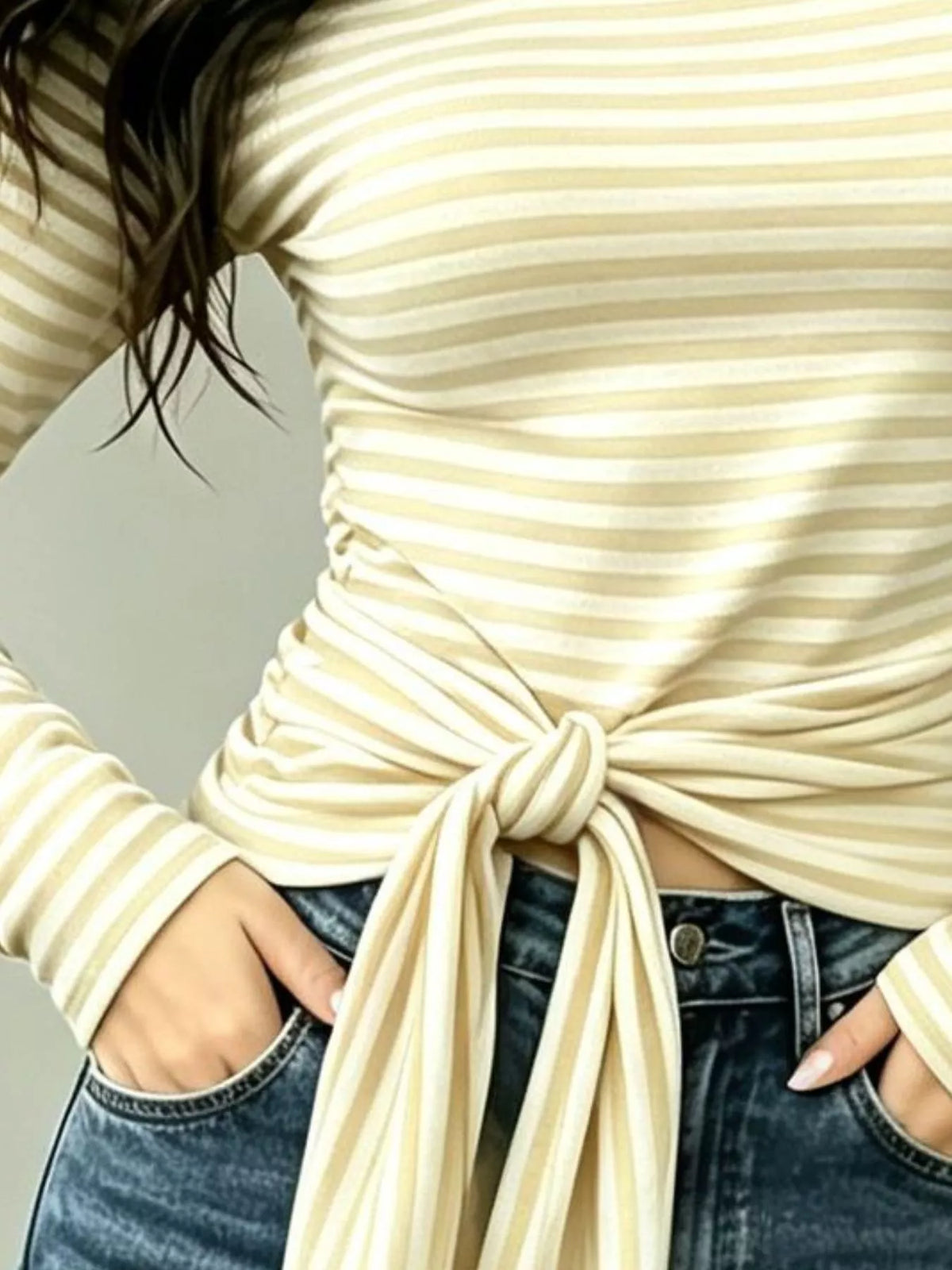 Long Sleeve Striped T-Shirt with Front Tie Detail
