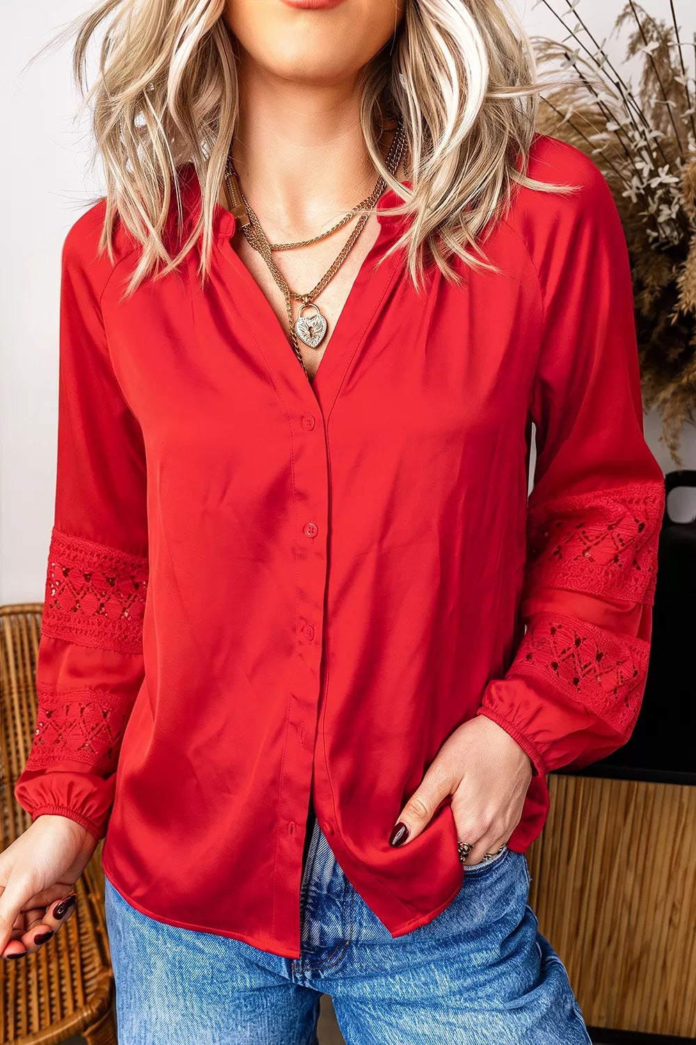 Christmas Patchwork Lace Long Sleeve V Neck Button Front Shirt