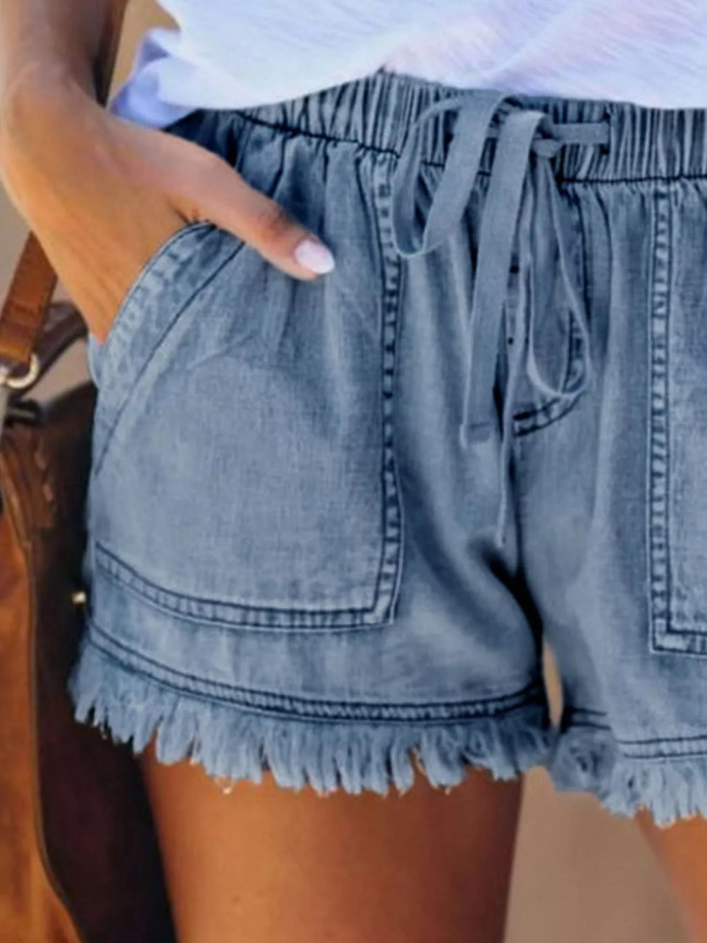 Full Size Drawstring Frayed Hem Denim Shorts Plus Size