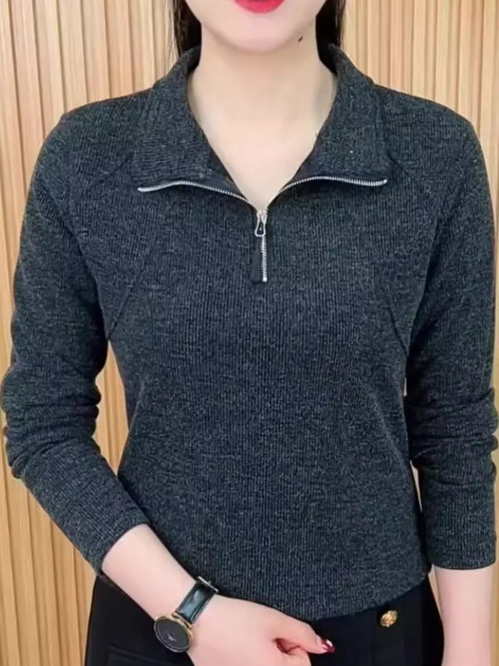 Plus Size Quarter-Zip Long Sleeve Top