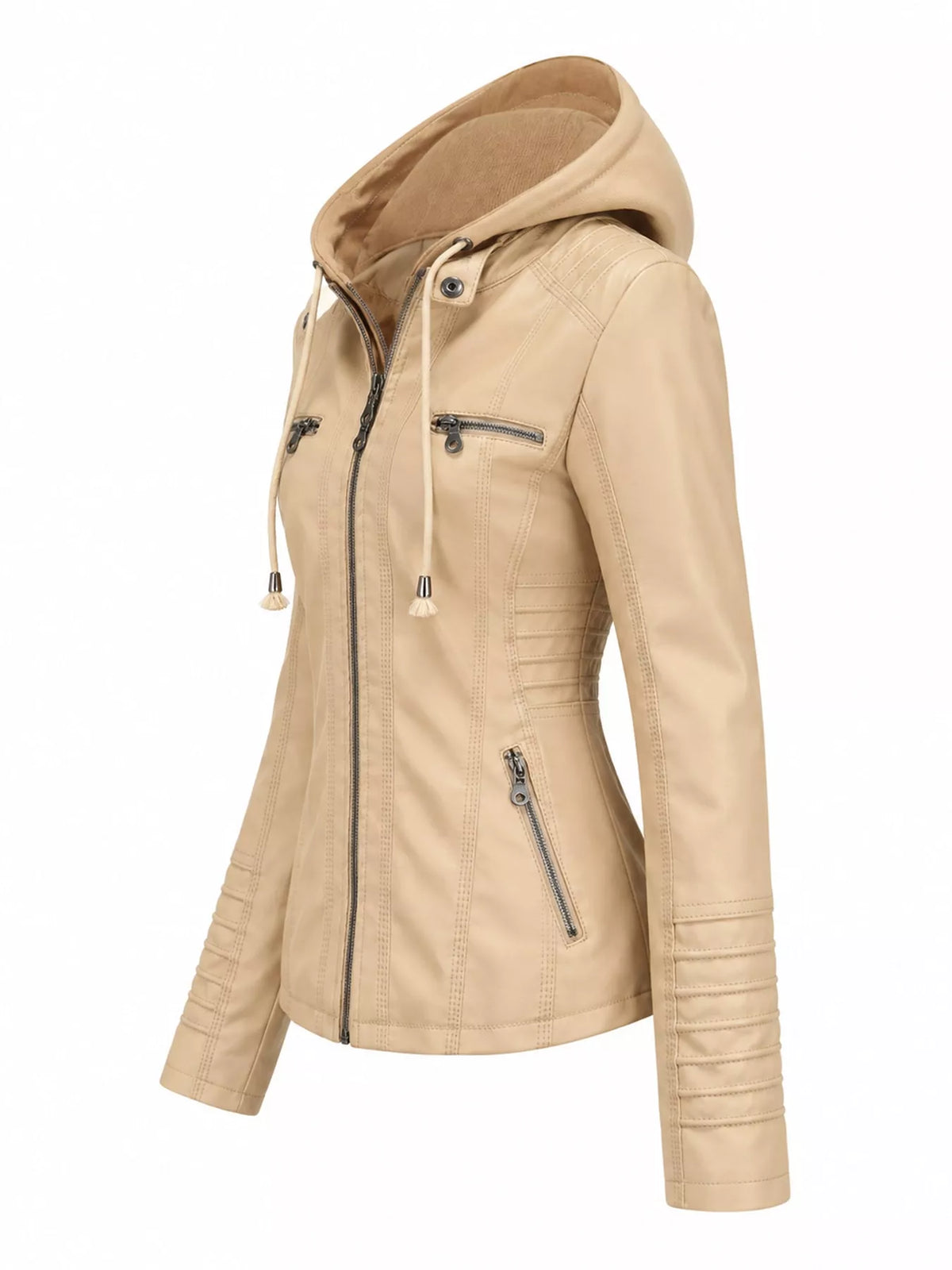 Full Size Detachable Hooded Faux Leather Moto Jacket Plus Size