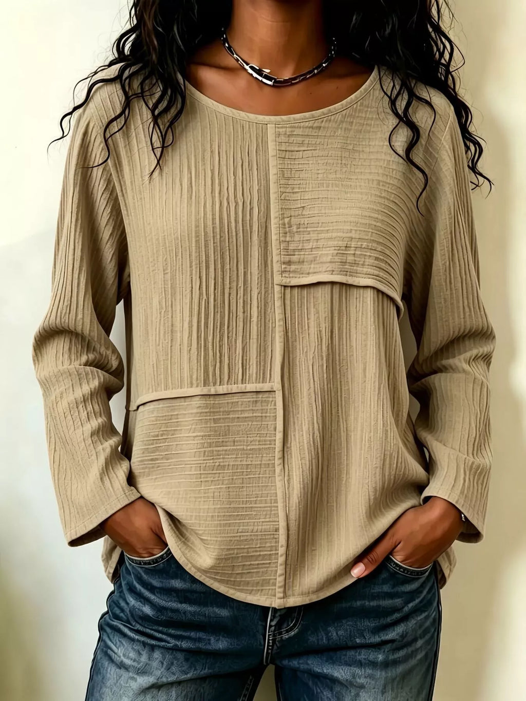 Textured Patchwork Long Sleeve Casual T-Shirt