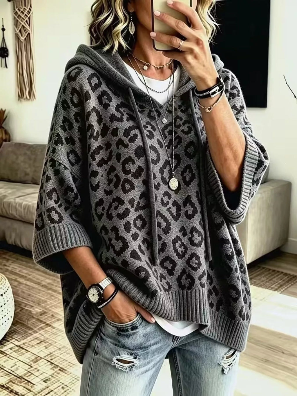 Drawstring Leopard Hooded Sweater
