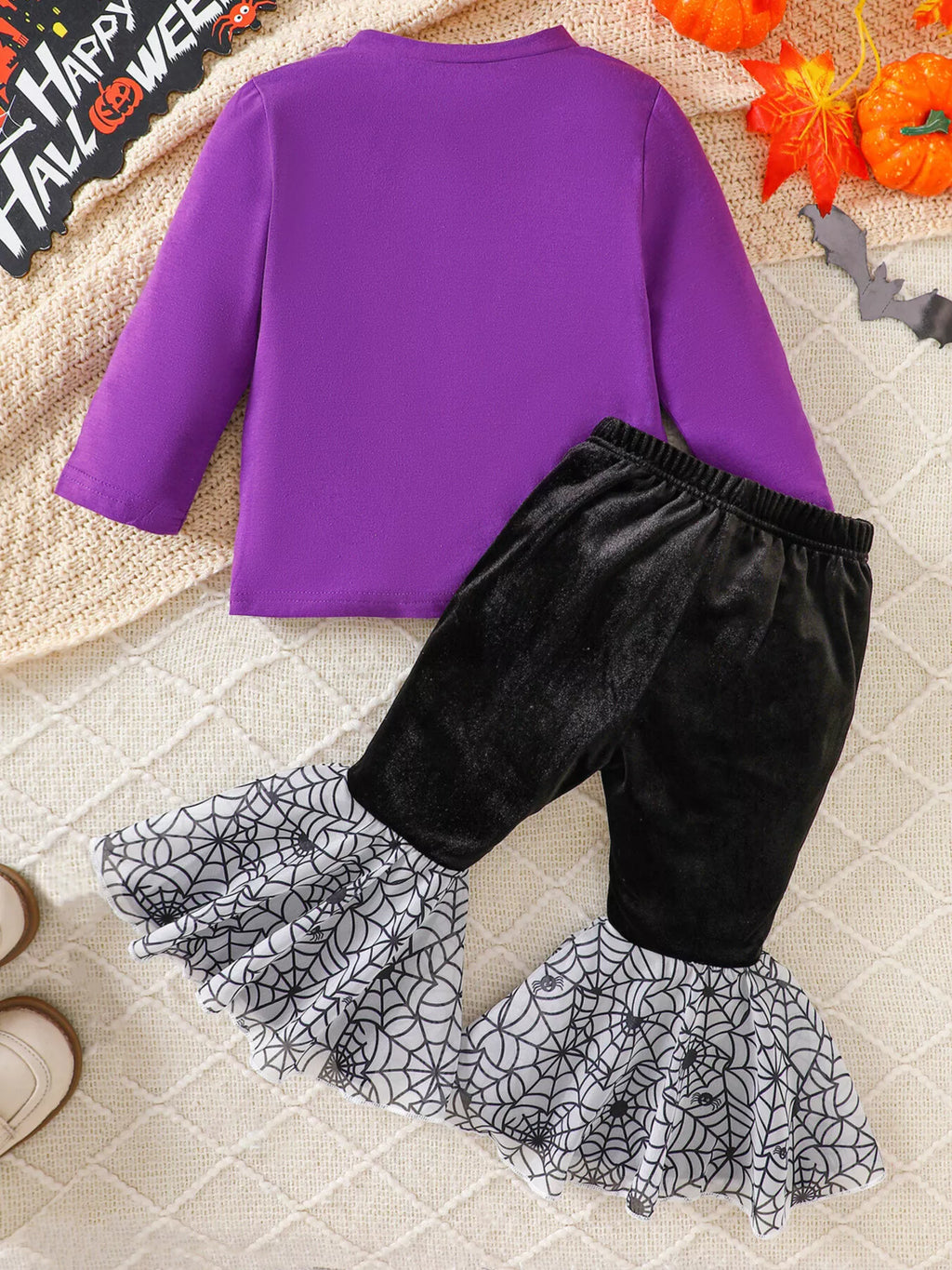 Children's Halloween Pumpkin Long Sleeve Top and Spiderweb Bell Bottom Set