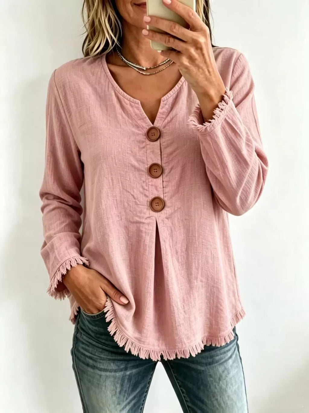 Full Size Casual Half-Button Blouse with Frayed Hem Detail Plus Size