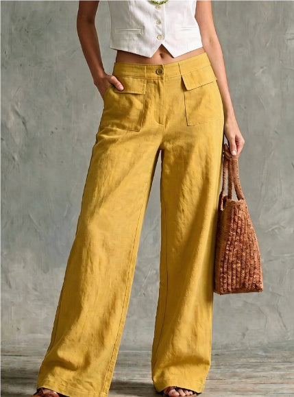 Women's Solid Color Loose Fit Casual Pants - Elastic Waist Trousers for Daily Wear