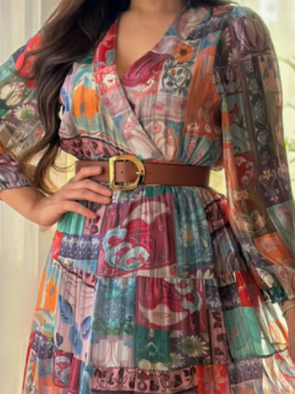 Printed Surplice Long Sleeve Maxi Dress