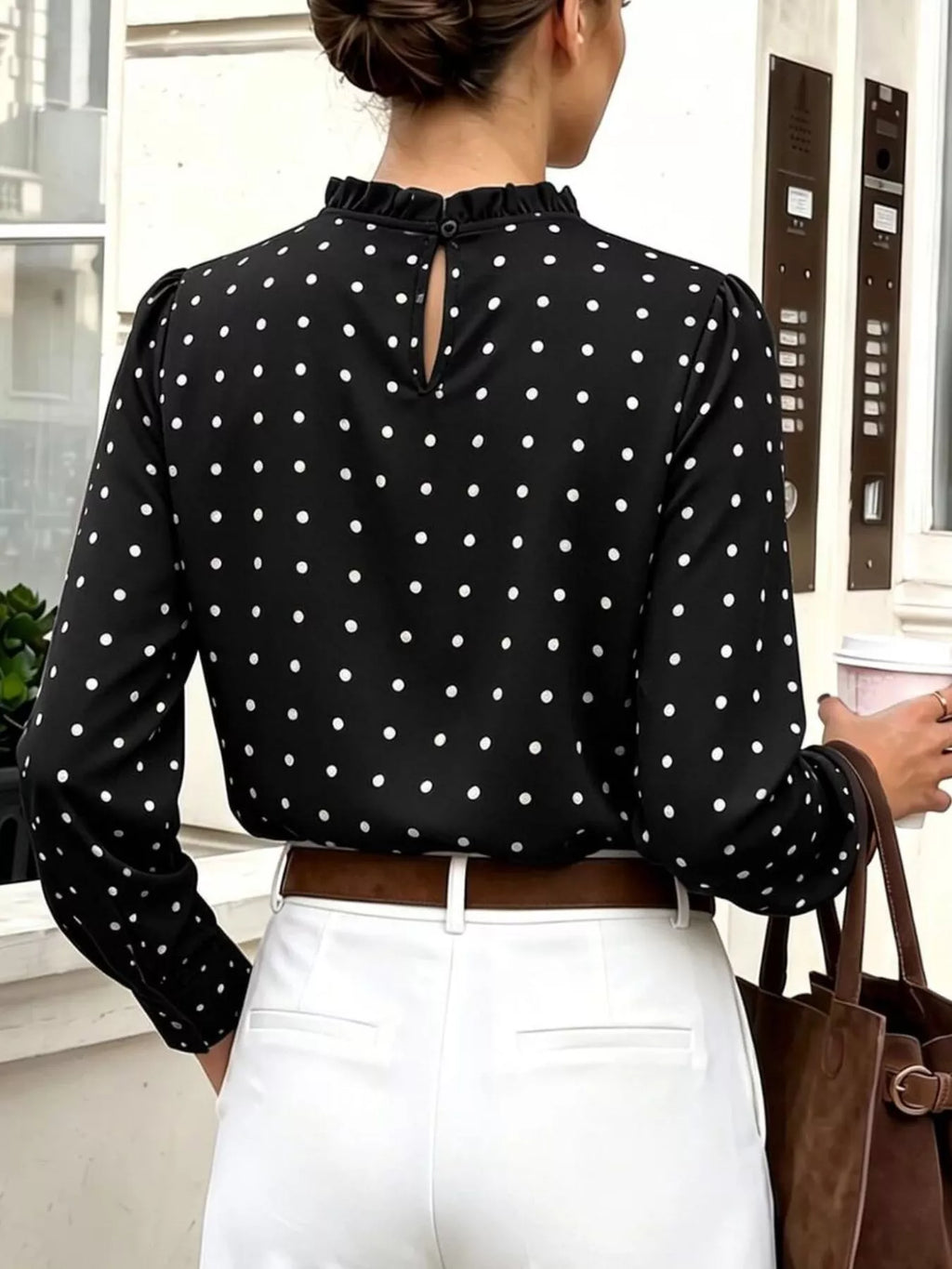 Elegant Polka Dot Print Mock Neck Long Sleeve Blouse