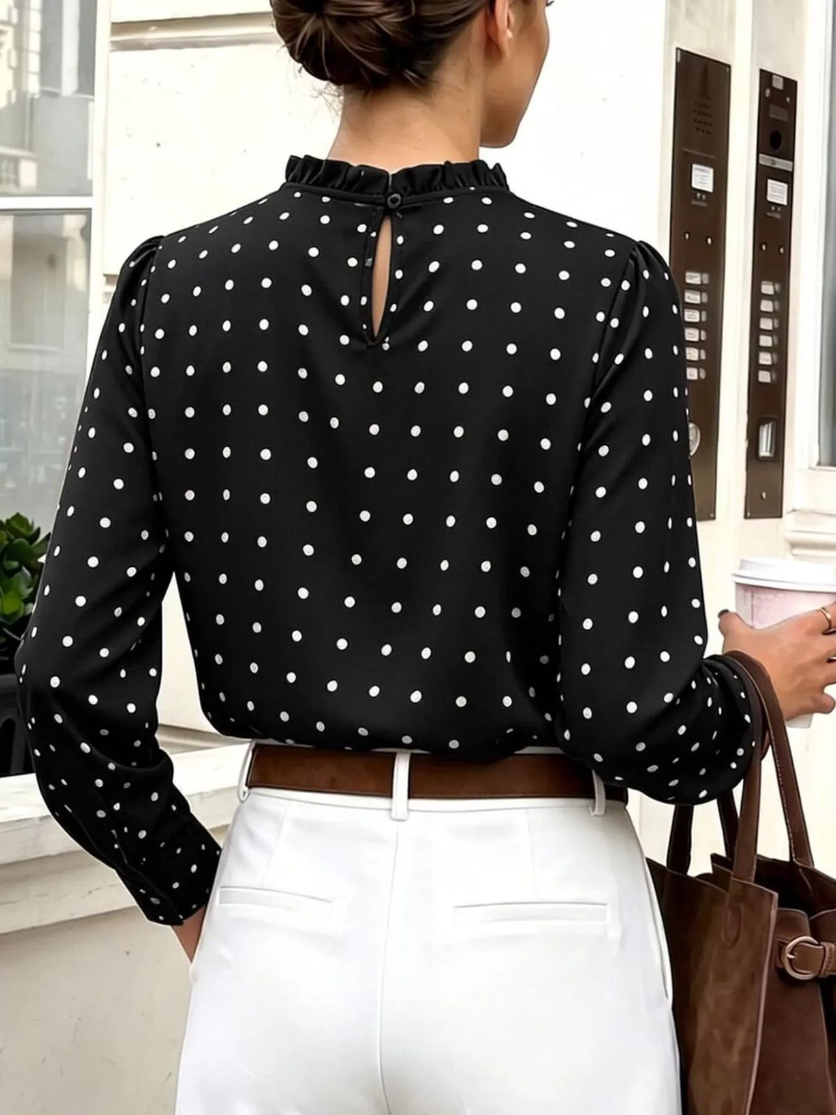 Elegant Polka Dot Print Mock Neck Long Sleeve Blouse