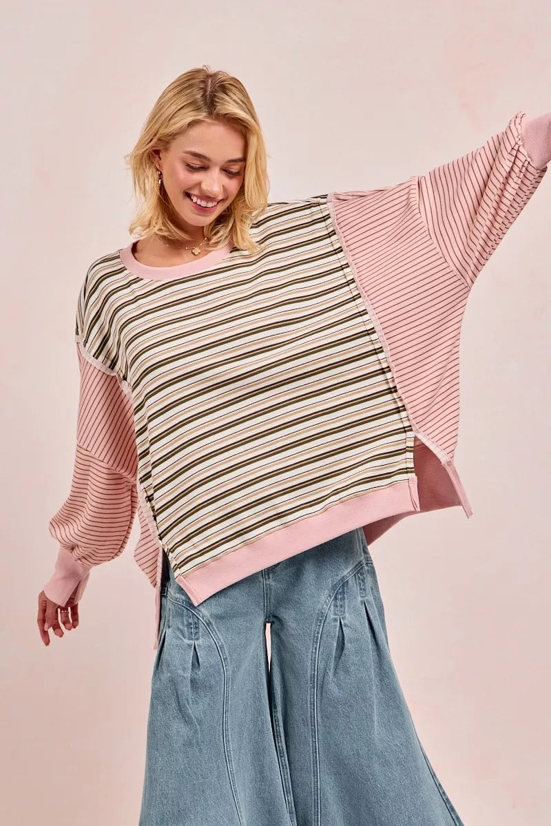 BiBi Stripe Mixed Top With Cut Edge And Reverse Outseam