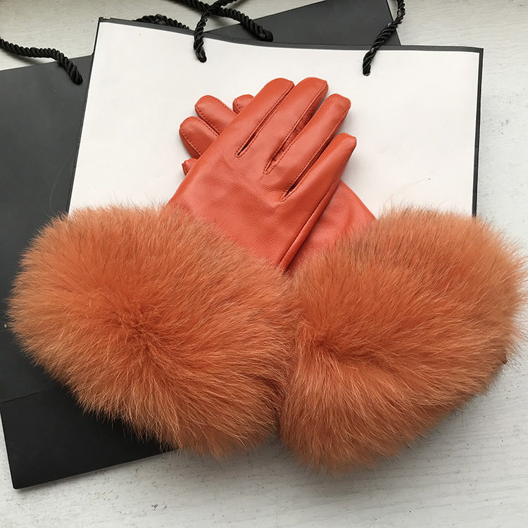 Womens Winter Warm Fox-Fur Cuff Gloves