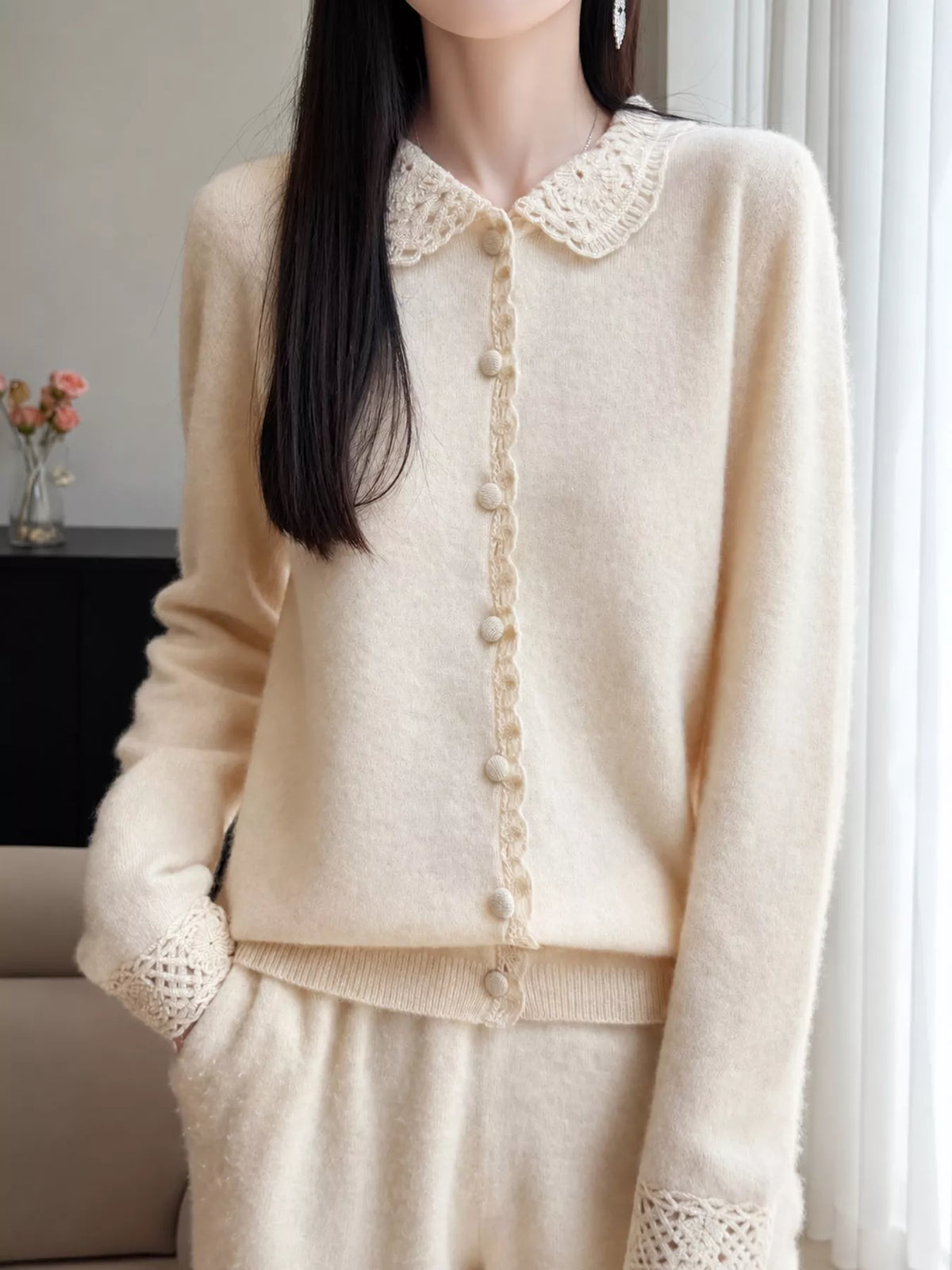 Lace-Collar Button Down Knit Cardigan