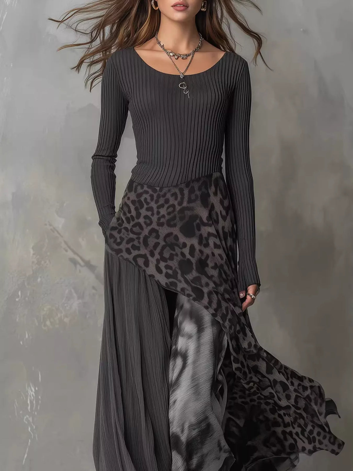 Ribbed Knit Leopard Print Patchwork Maxi Dress