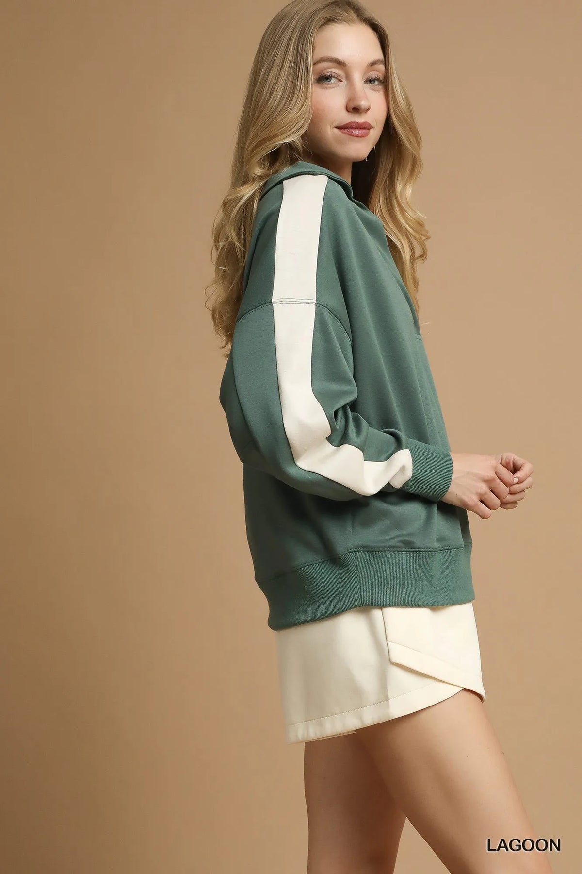 Umgee Contrast Long Sleeve Sweatshirt with Collar