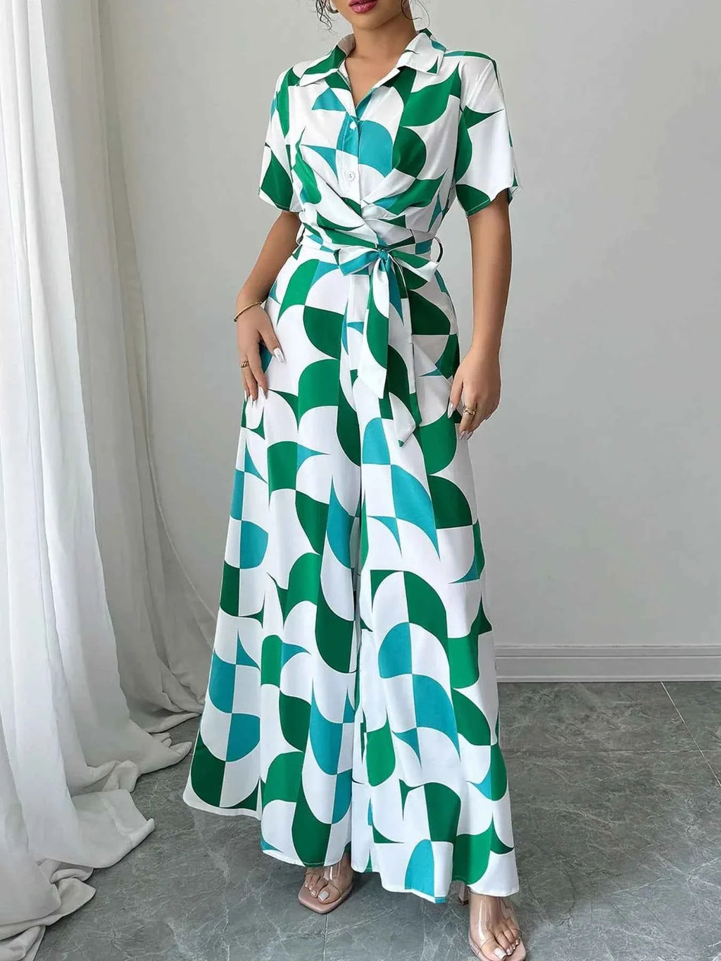 Geometric Print Belted Wide Leg Jumpsuit