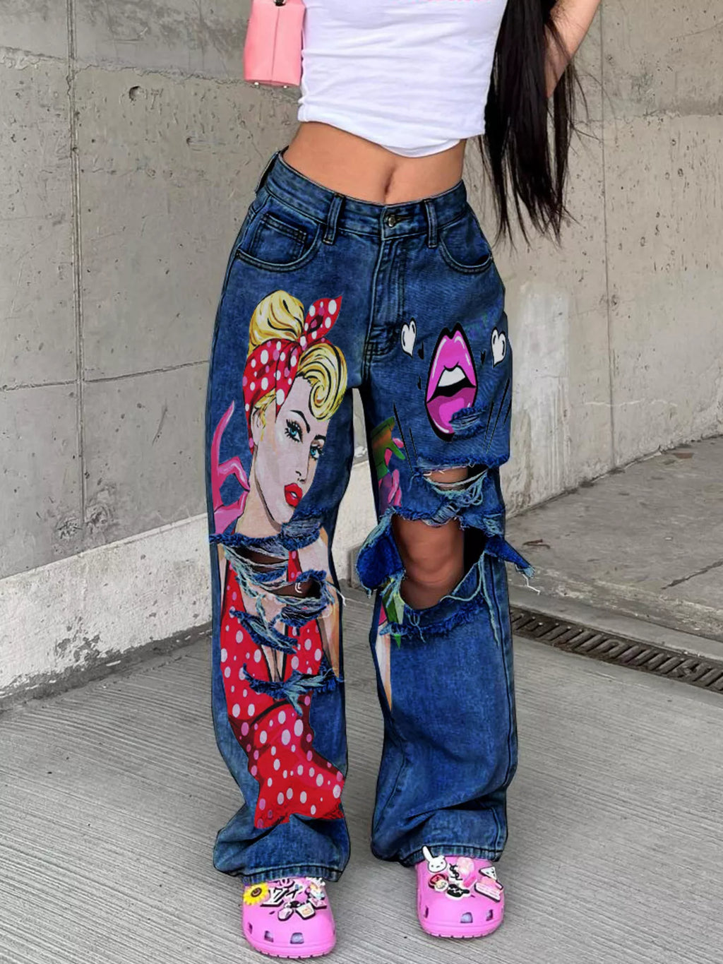 Full Size Art Print Distressed Wide-Leg Jeans Plus Size