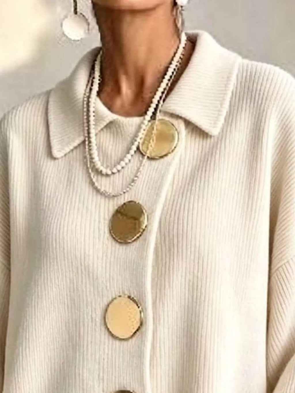 Full Size Ribbed Knit Gold Buttons Cardigan Plus Size