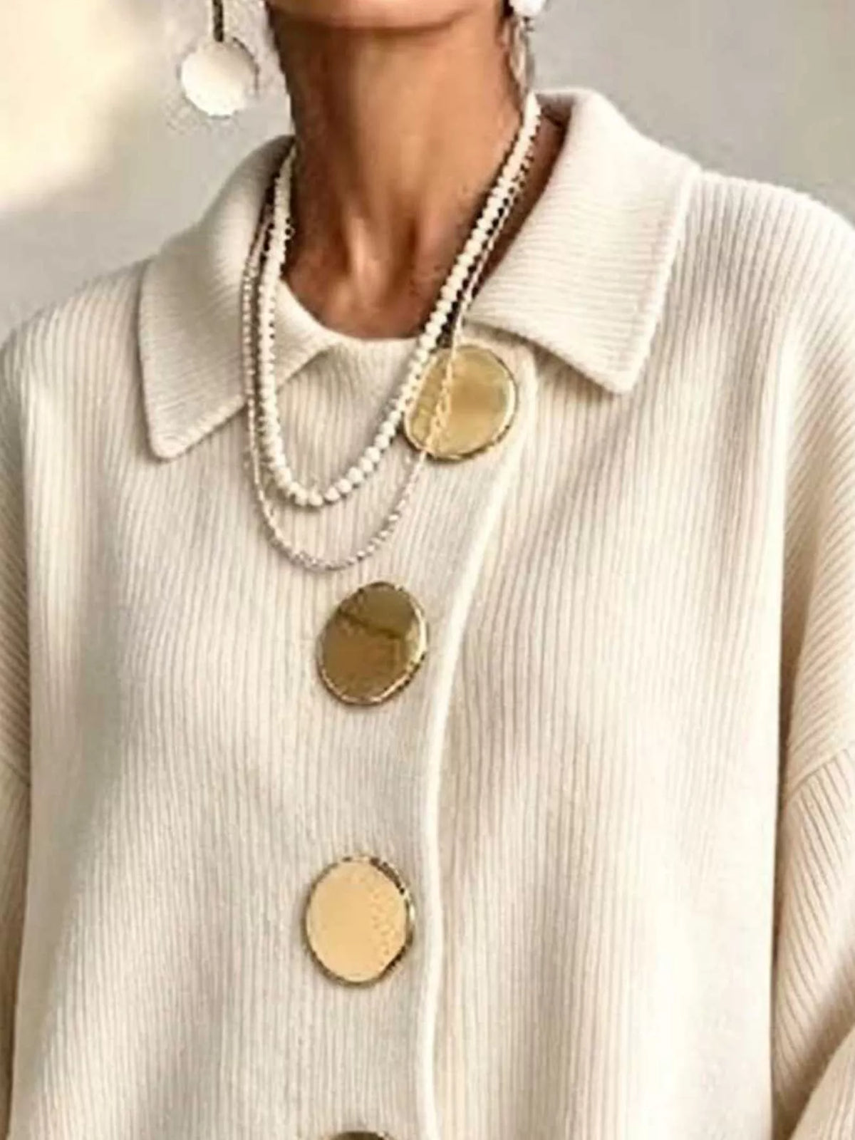 Full Size Ribbed Knit Gold Buttons Cardigan Plus Size