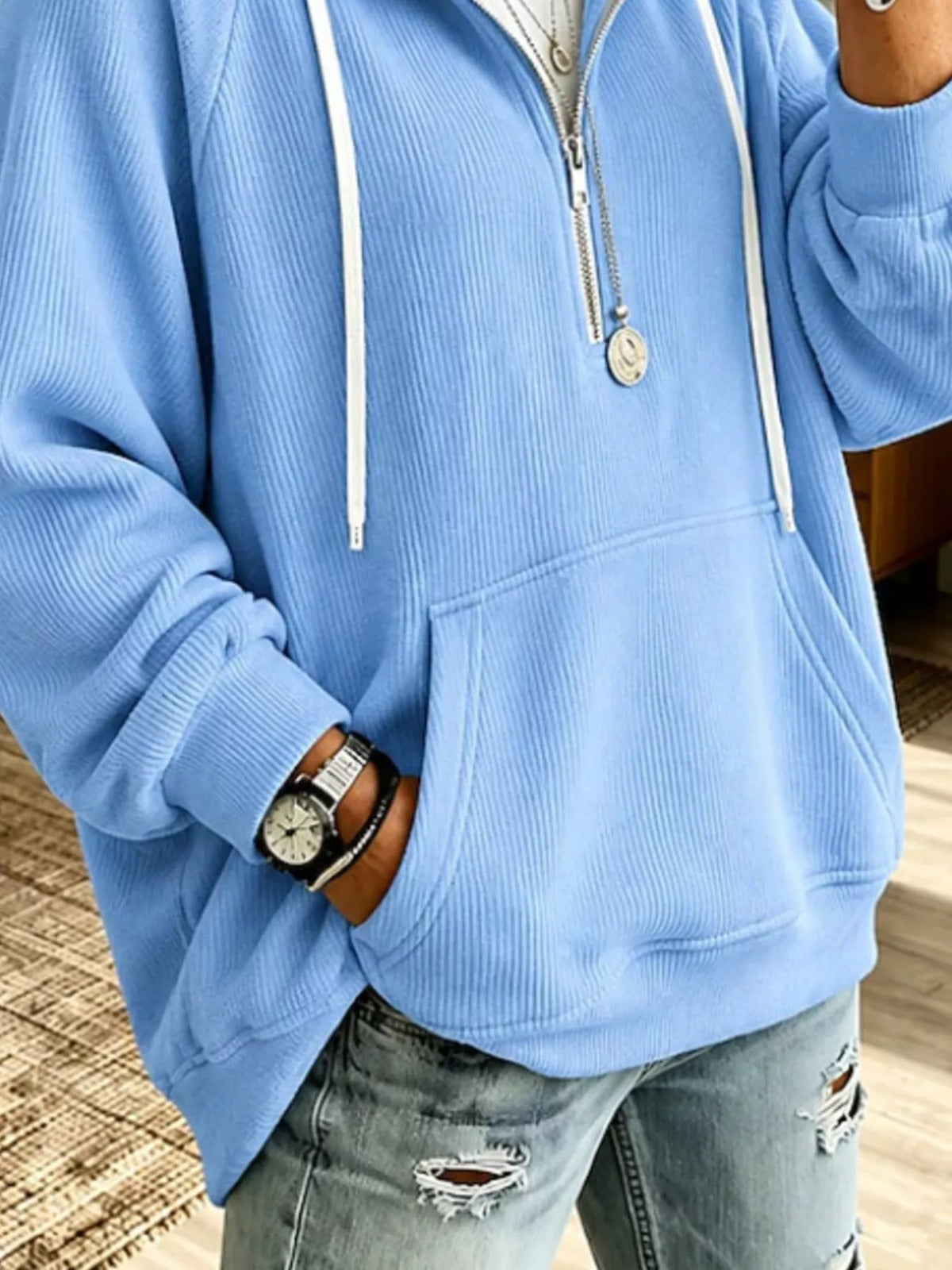 Ribbed Knit Quarter-Zip Hoodie with Kangaroo Pocket