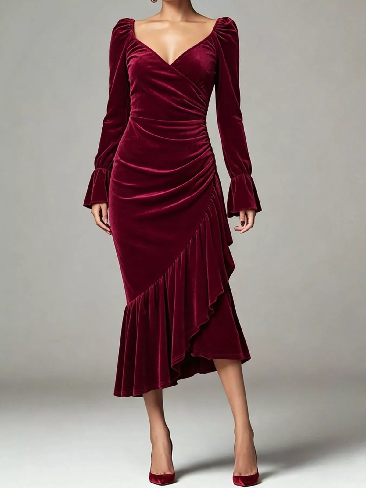 Velvet Ruched Ruffle Hem Midi Dress