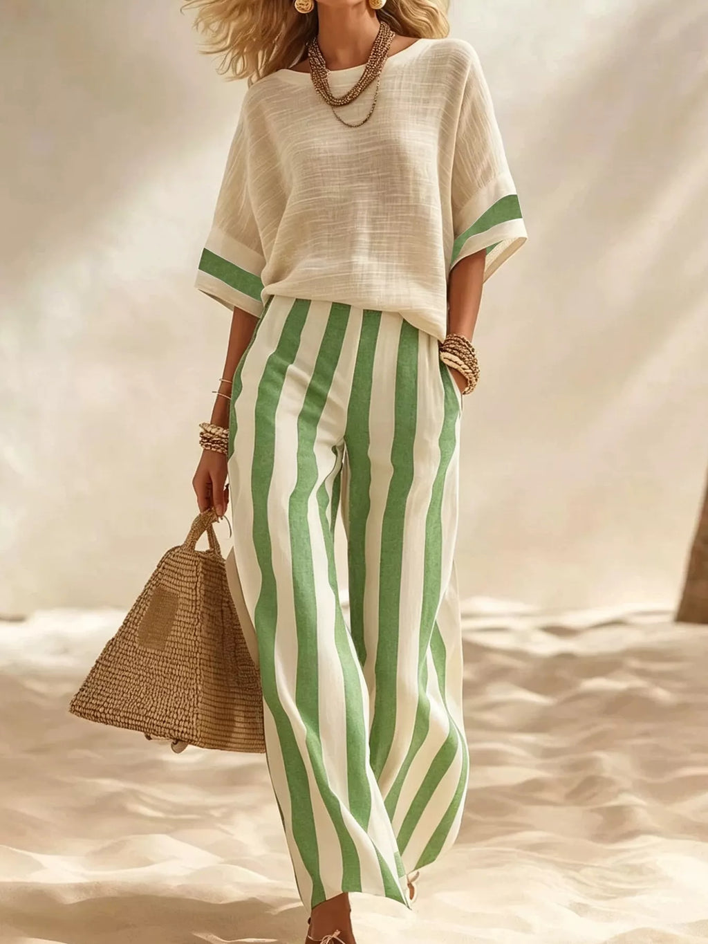 Full Size Striped Half Sleeve Top and Pants Set Plus Size
