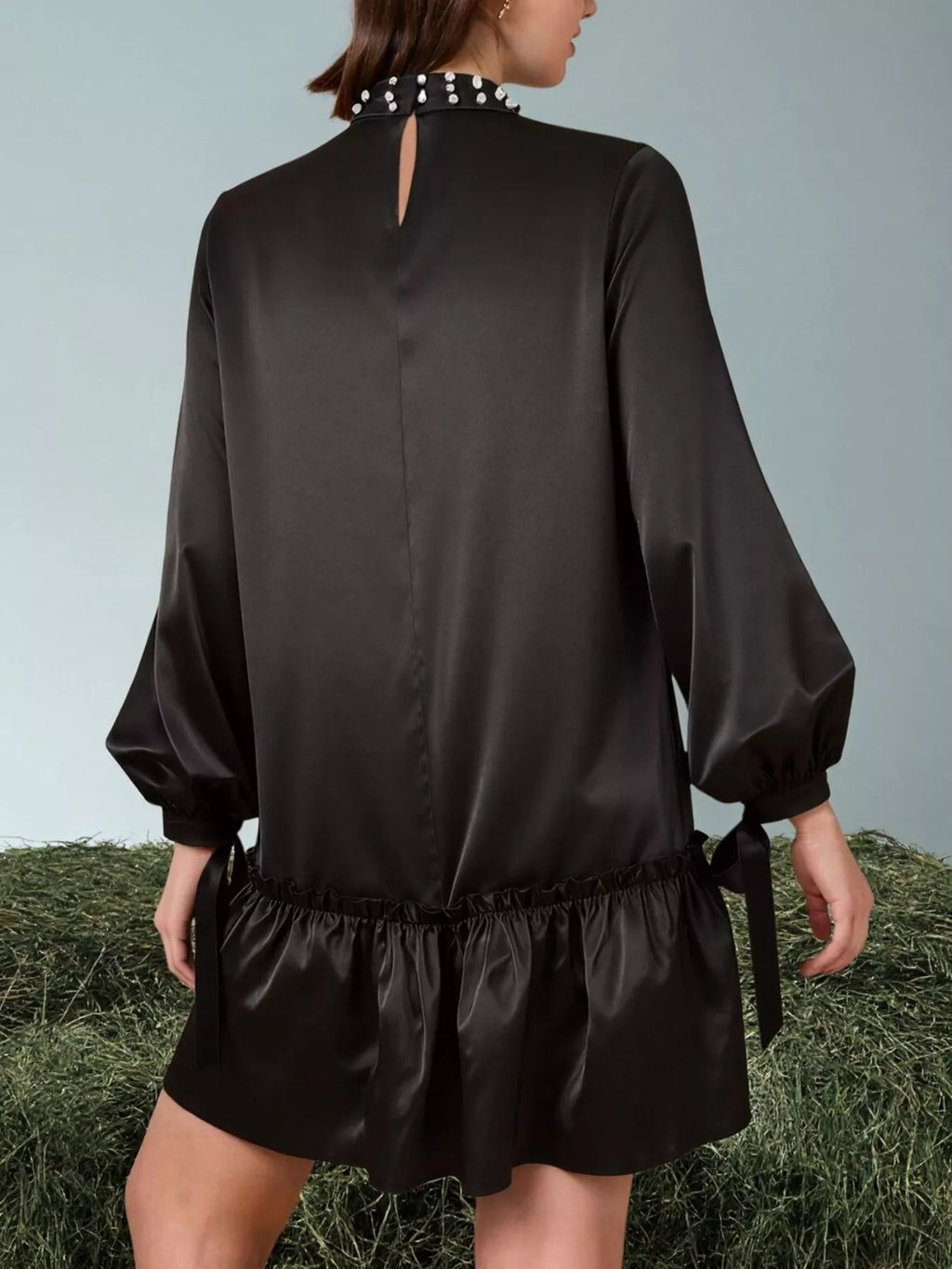 Pearl-Embellished Mock Neck Ruffle Hem Dress