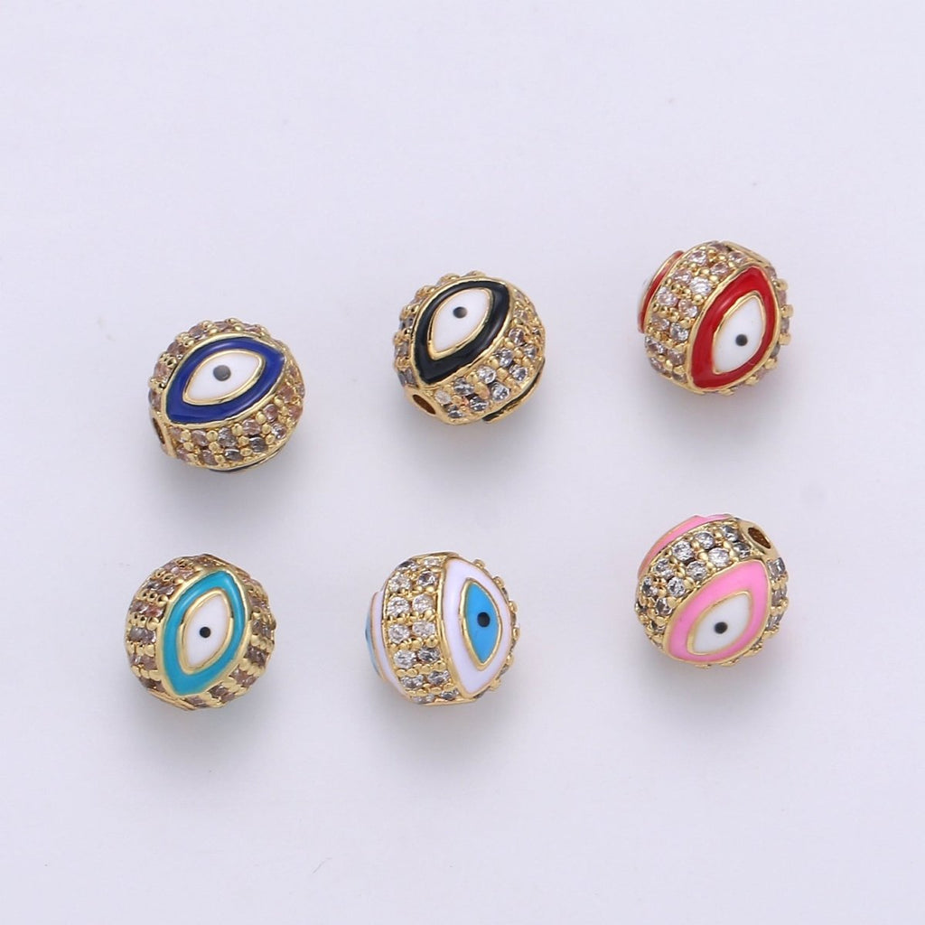 8mm Evil Eye Beads - Round Circle Bead Spacer - Religious Amulet Prayer Beads - Gold Evil Eye Bracelet Beads - Micro Pave Small Hole Beads B-287 B-288 B-289 B-291 B-292