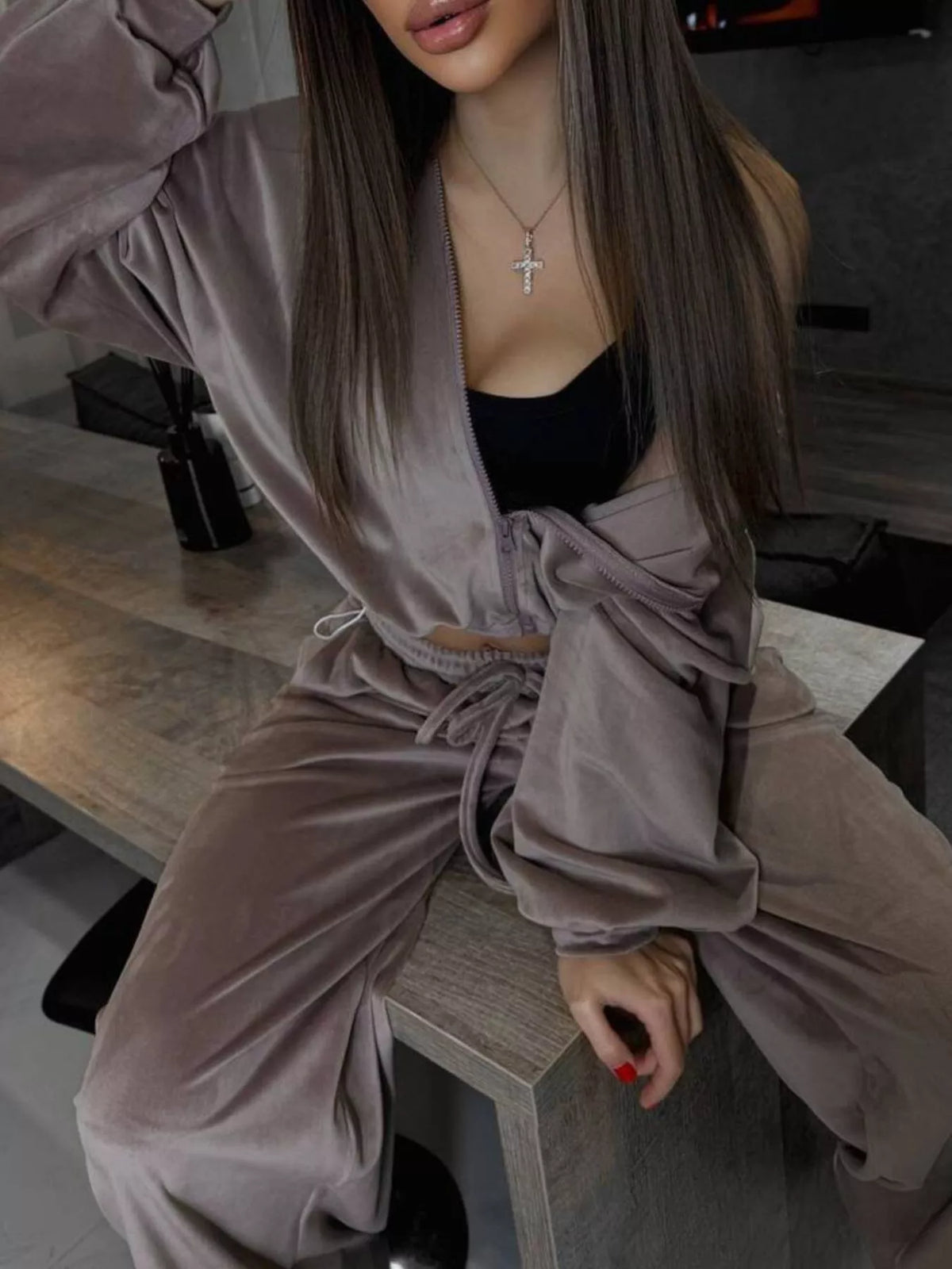 Zip Up Hoodie and Wide-Leg Pants Set