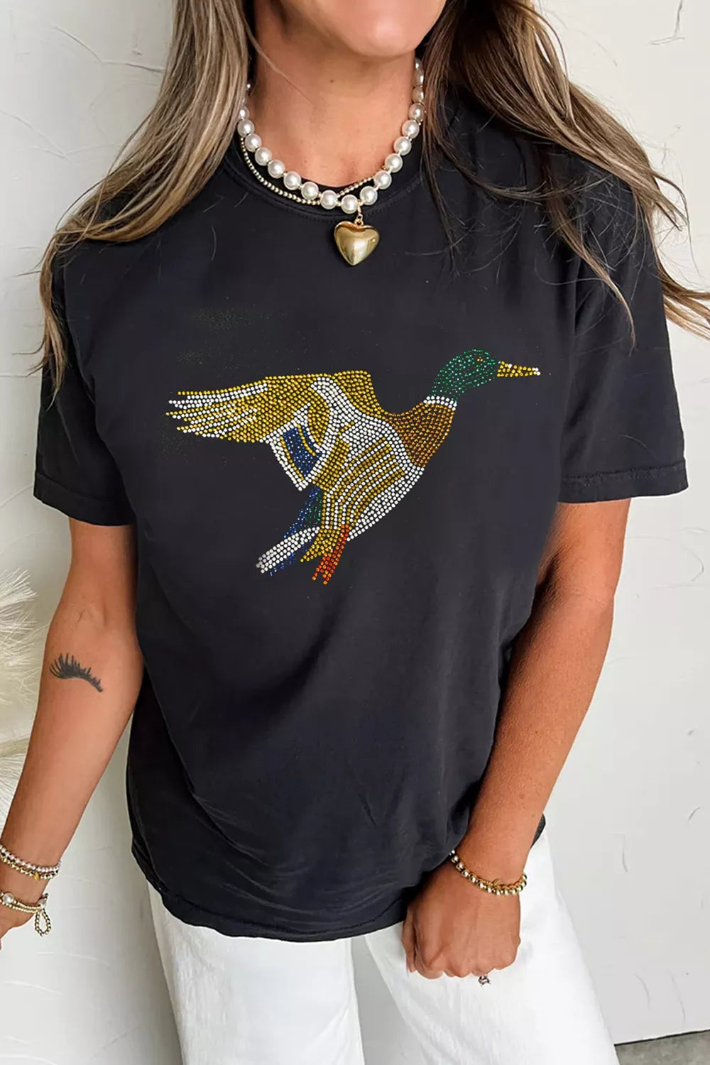 Full Size Rhinestone Flying Mallard Casual Round Neck T Shirt Plus Size