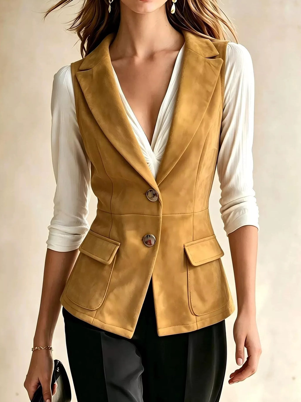 Button-Front Closure Suede Vest Coat