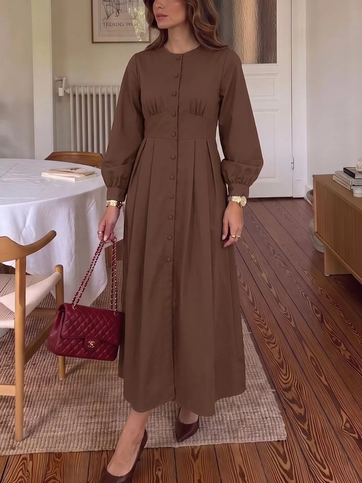Button-Down Long Sleeve Midi Dress