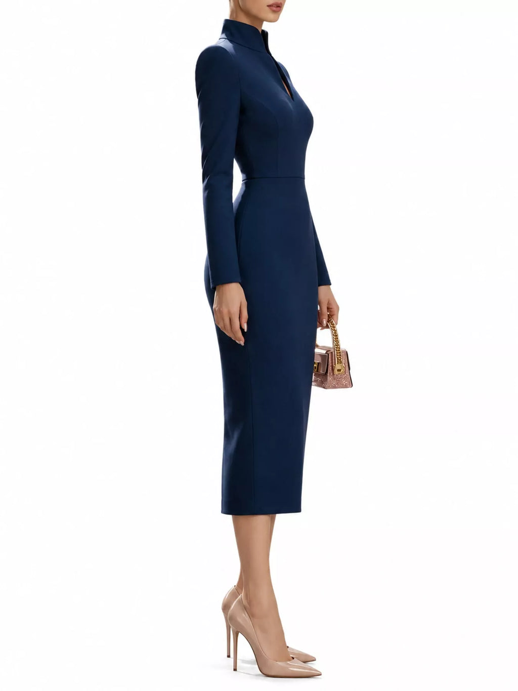 Full Size Stand-Collar Long-Sleeve Midi Dress Plus Size