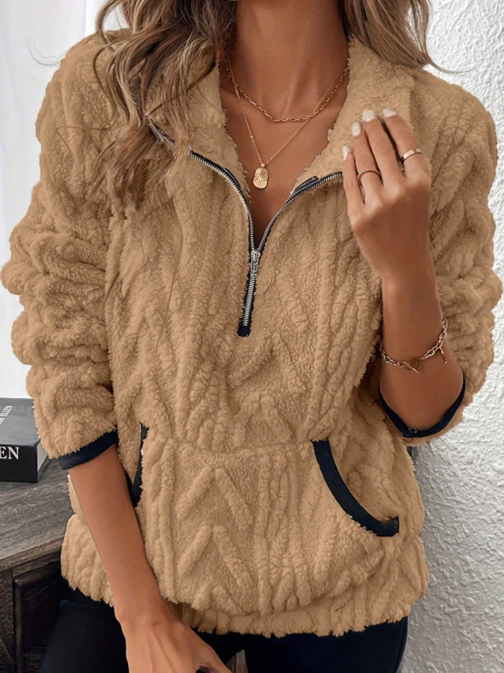 Full Size Quarter-Zip Sherpa Sweatshirt Plus Size