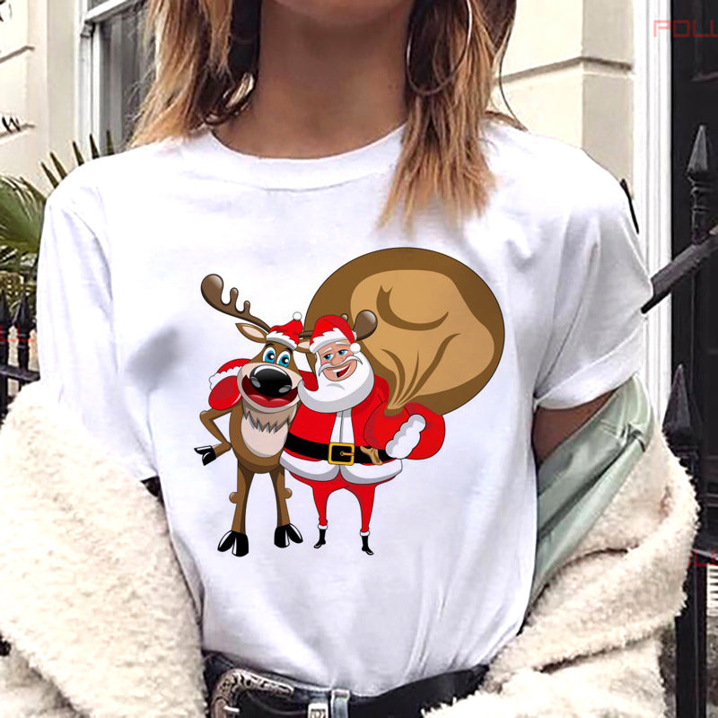 European And American Women's Clothing Merry Christmas Happy Short-sleeved T-shirt Women's Top Women's Round Neck