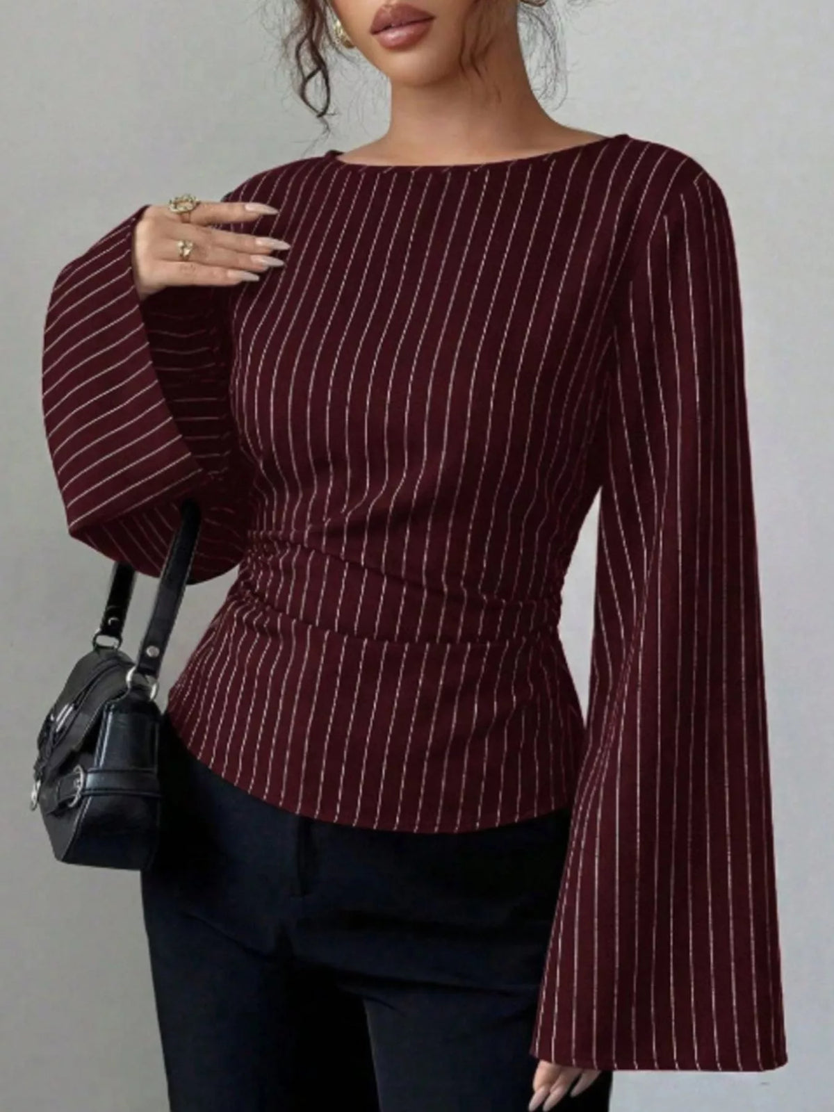 Elegant Pinstriped Bell Sleeve Blouse with Back Lace Up