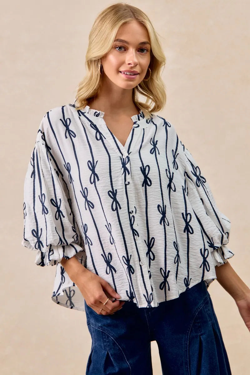 BiBi Bow Ribbon Printed Woven Bubble Sleeves Top