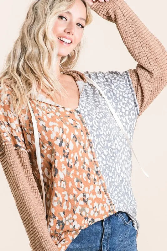 BiBi Popcorn Waffle Knit Hoodie with Print Block Front