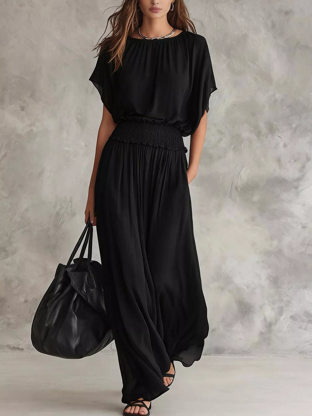 Chiffon Maxi Dress with Smocked Waist