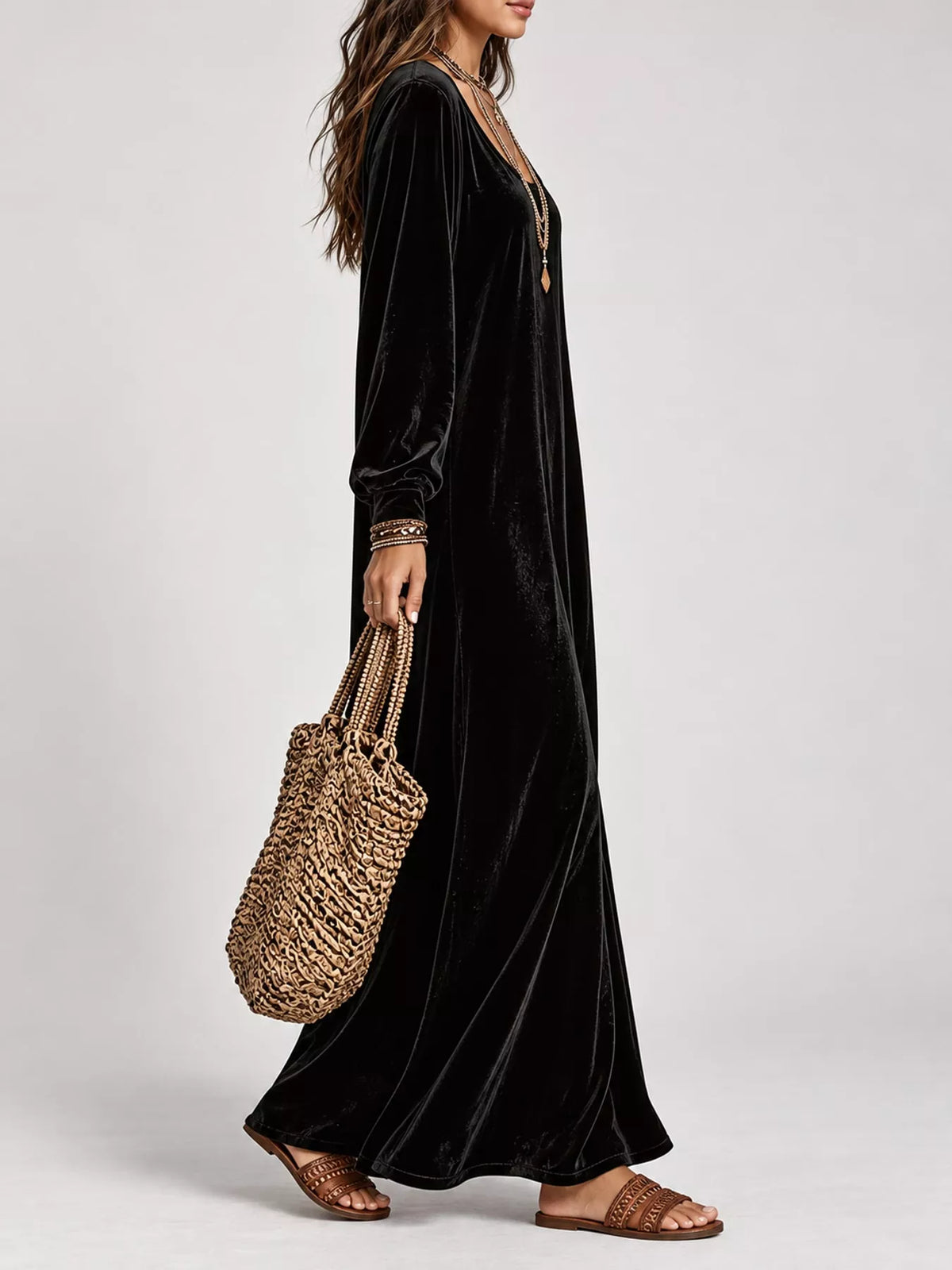 Velvet Long-Sleeve Maxi Dress