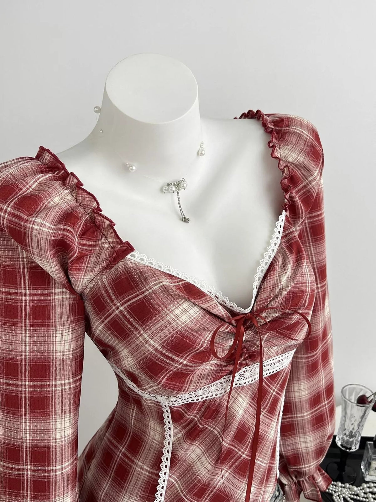 Plaid Lace-Trimmed Long Sleeve Blouse