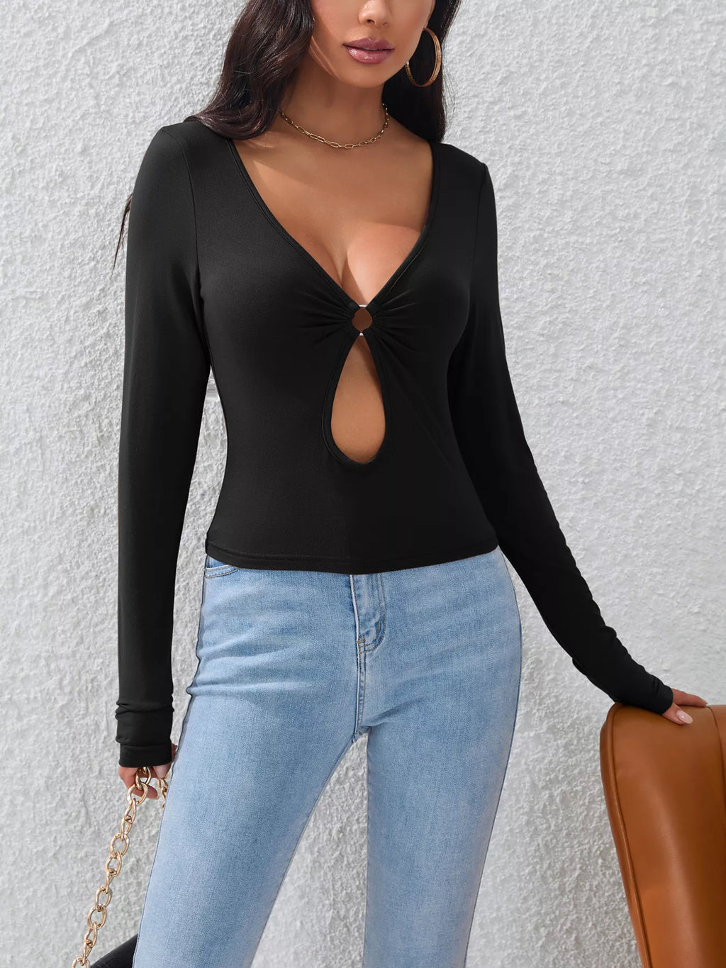 Sexy V-Neck O-Ring Cutout Long Sleeve T-Shirt