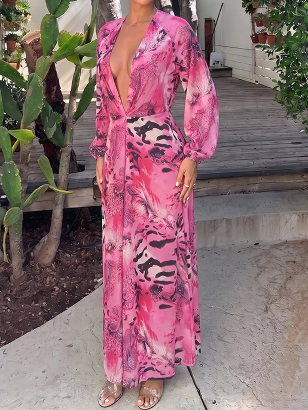 Deep V-Neck Long Sleeve Printed Maxi Dress