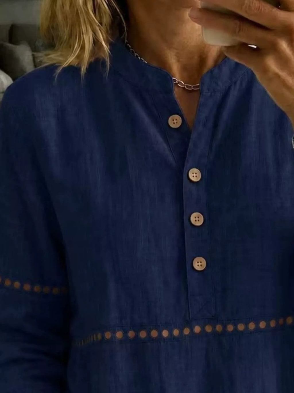 Full Size Button Detail Eyelet Long Sleeve Blouse Plus Size