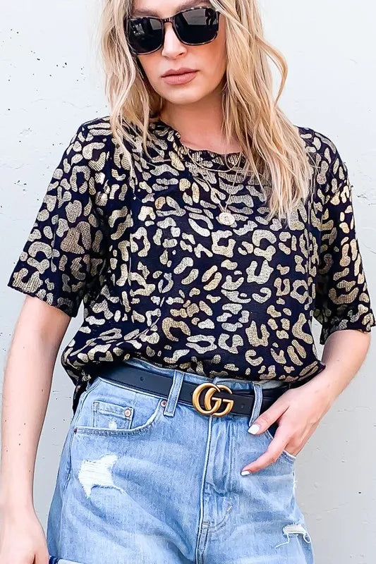 Leopard Foil Print Half Sleeve Crew Neck Sweater