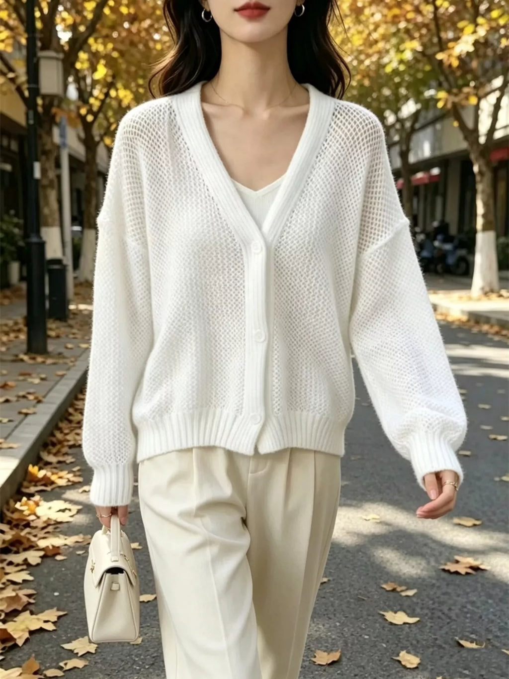 V-Neck Open-Knit Button-Down Cardigan