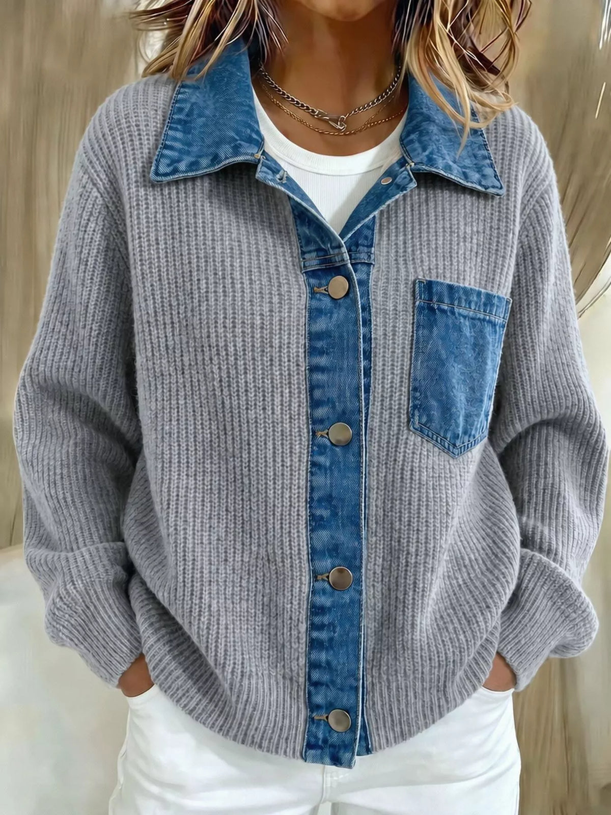 Denim Trim Button Up Cardigan