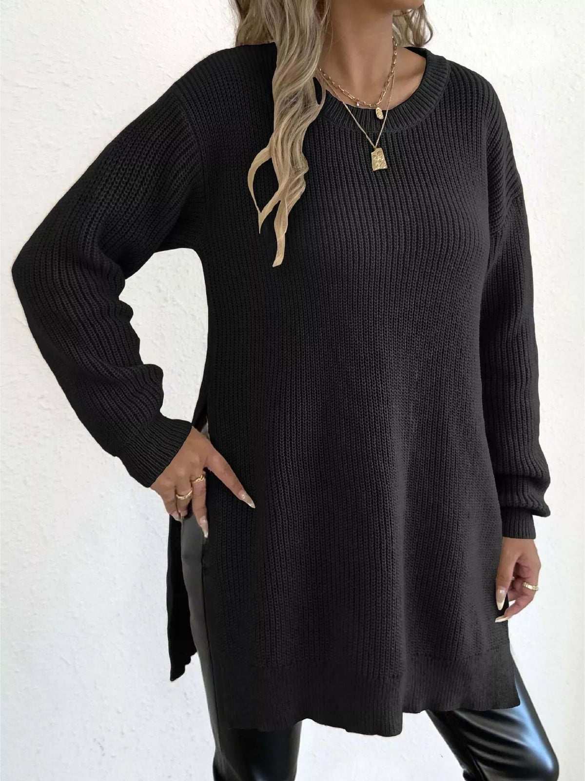 Side-Slit Dropped Shoulder Sweater