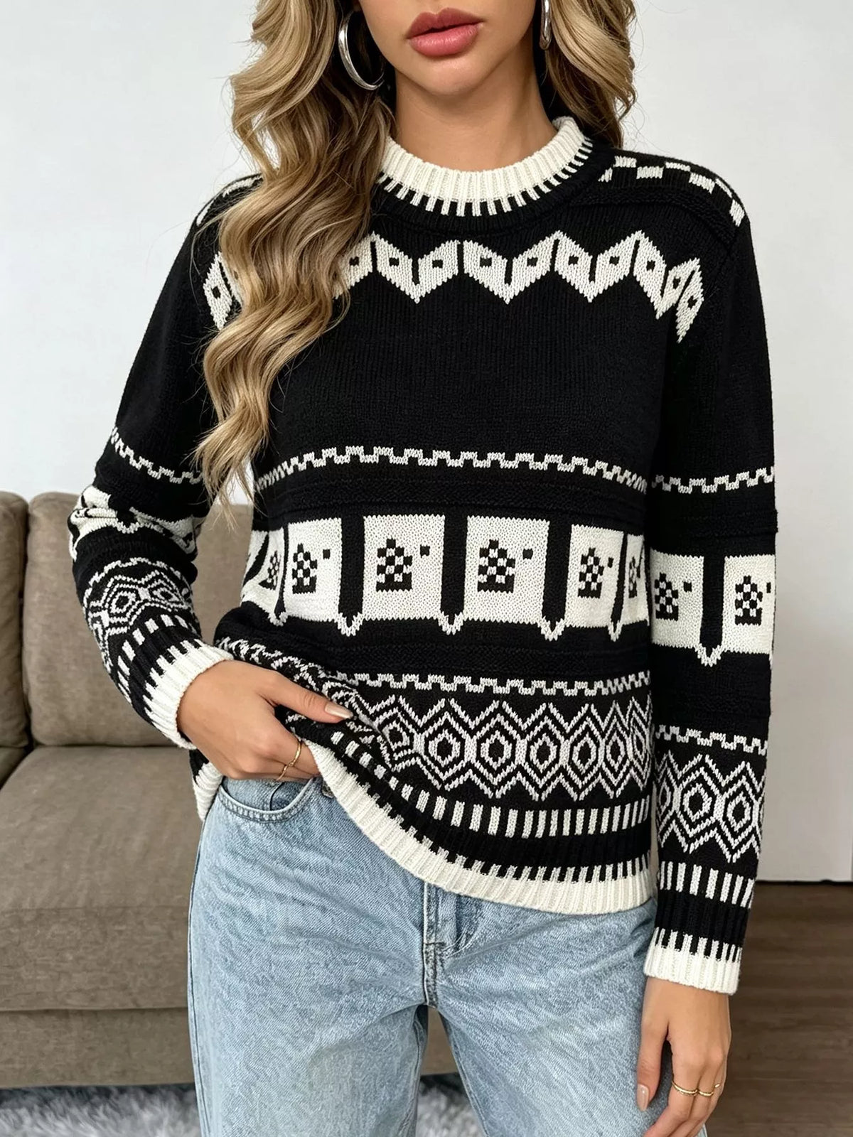 Christmas Festive Fair Isle Patterned Crew Neck Sweater
