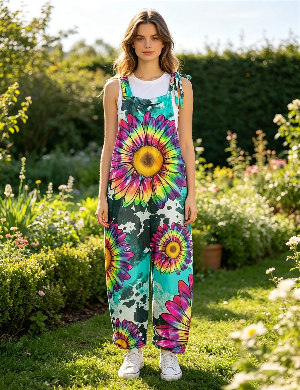 Women Colorful Graffiti Black Cat Print Tie Strap Overalls, Loose Wide Leg Rolled Cuff Casual Jumpsuit With Pockets